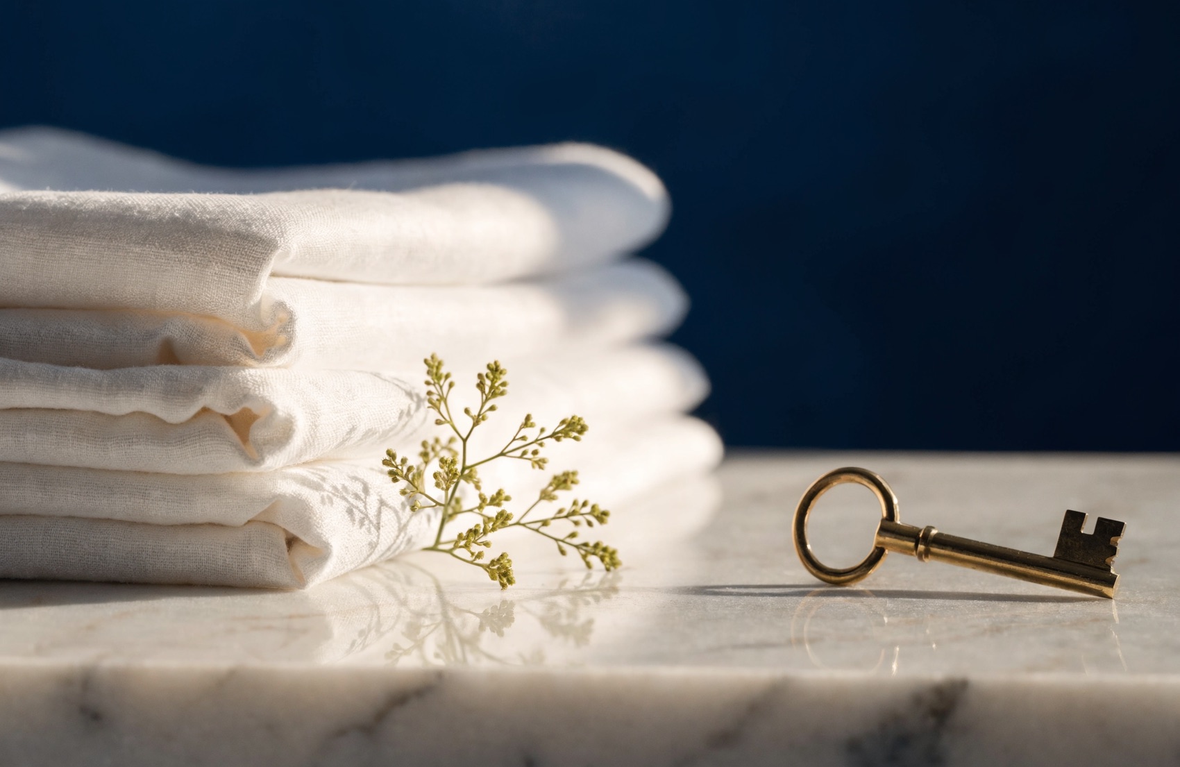 Linge plié, clé en laiton et brins de gypsophile sur marbre, sur fond bleu profond. Une mise en scène d'intendance soignée.